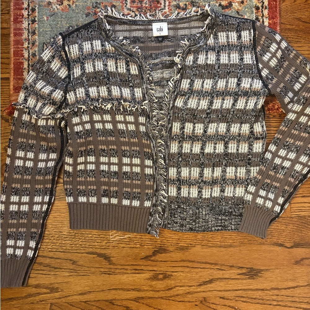 Cabi women’s fringe plaid cardigan sweater size small 100% cotton